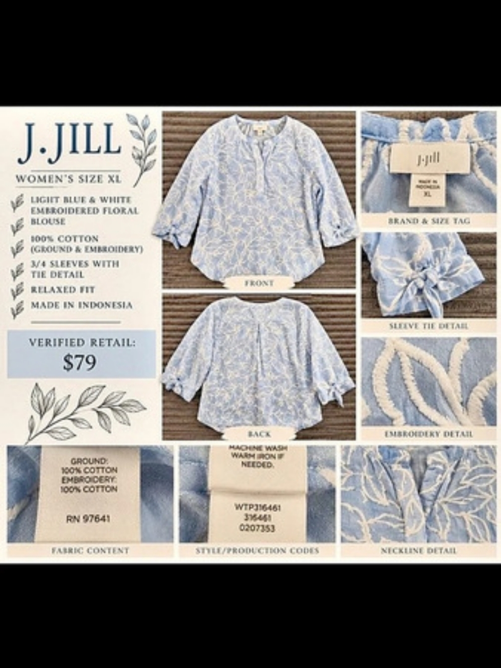 J.Jill Blue White Floral Embroidered Blouse XL Cotton 3/4 Sleeve NWOT